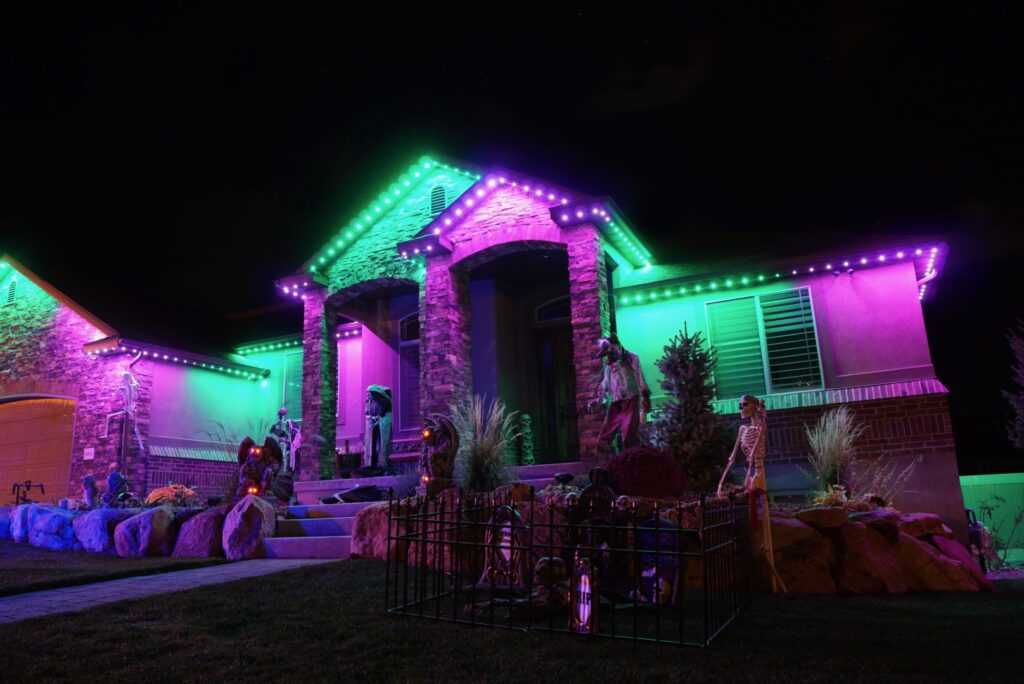 Halloween colored lights using Jellyfish Outdoor Lighting System